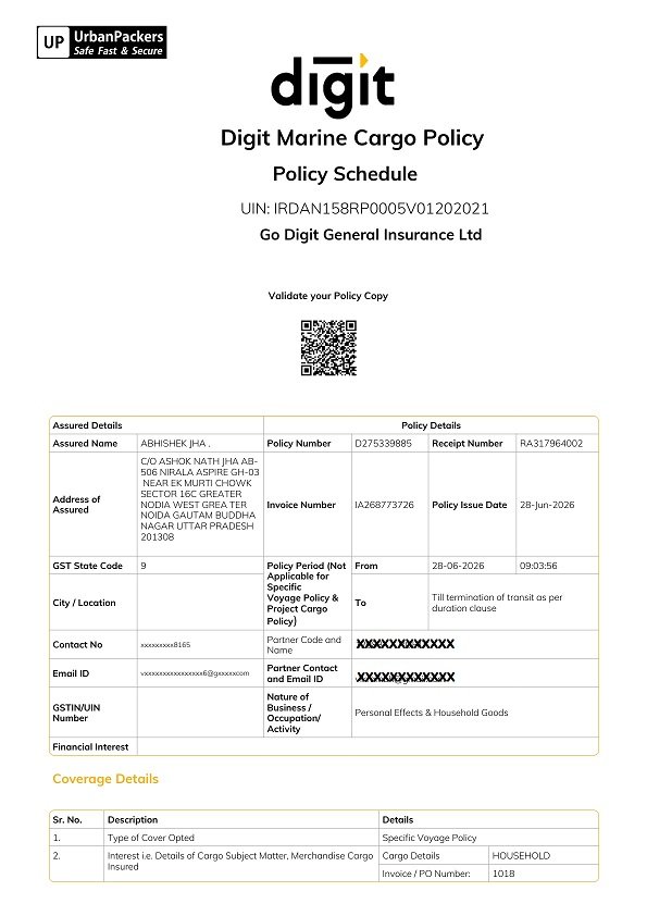 Urban Packers and Movers Transit Insurance Policy Document